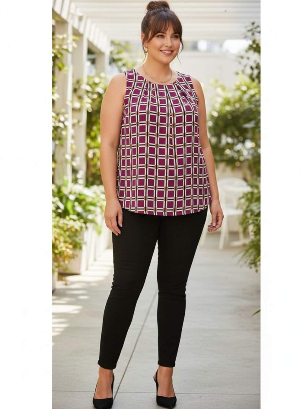 Anne Klein Shell Top Womens Large Magenta Plaid Excellent Pleated Zip Blouse